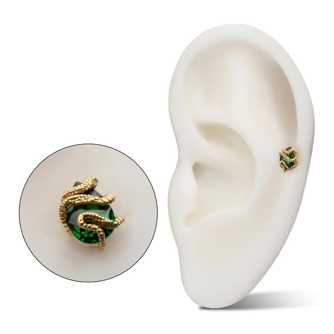 14K Gold Emerald & Snake Threadless Top